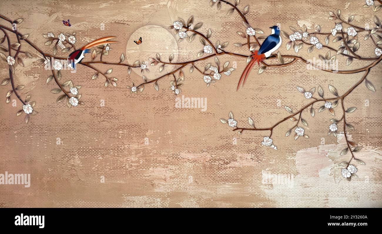Ein Kunstwerk aus floralen Wandmustern, modernen floralen chinesischen Chinoiserie Tapeten bedruckt oder Wandfarben an der Wand, in Kirschblüten Blüten und Zweigen Stockfoto