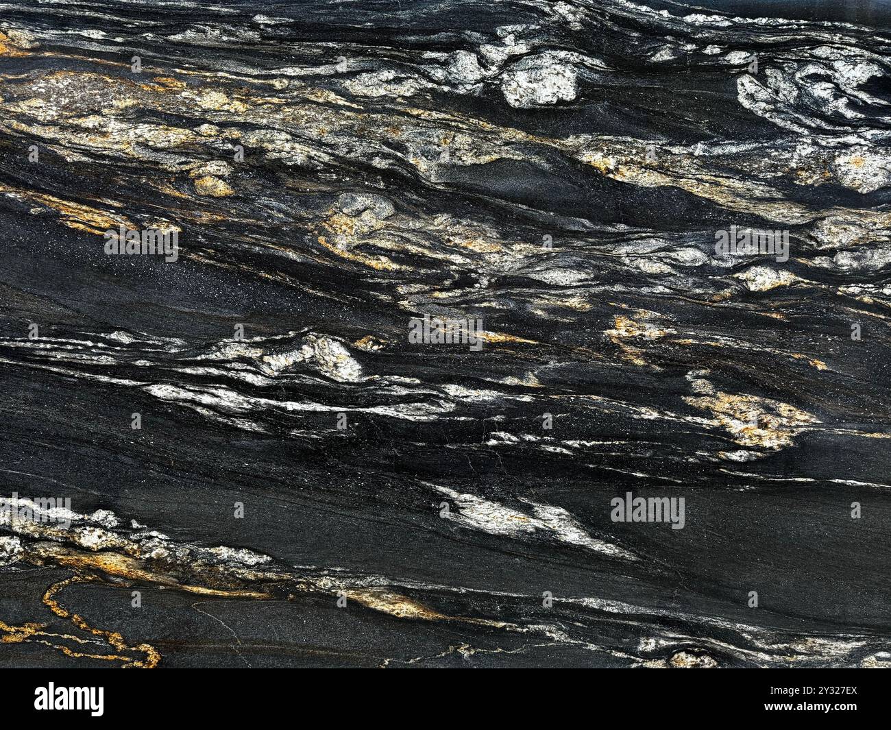 Exotischer Nero Volcano Marmor nahtlose Textur. Oder Belvedere Granit Naturplatten in den Farben Schwarz, weiß und Gold Gelb. Nahtlose Textur. Stockfoto