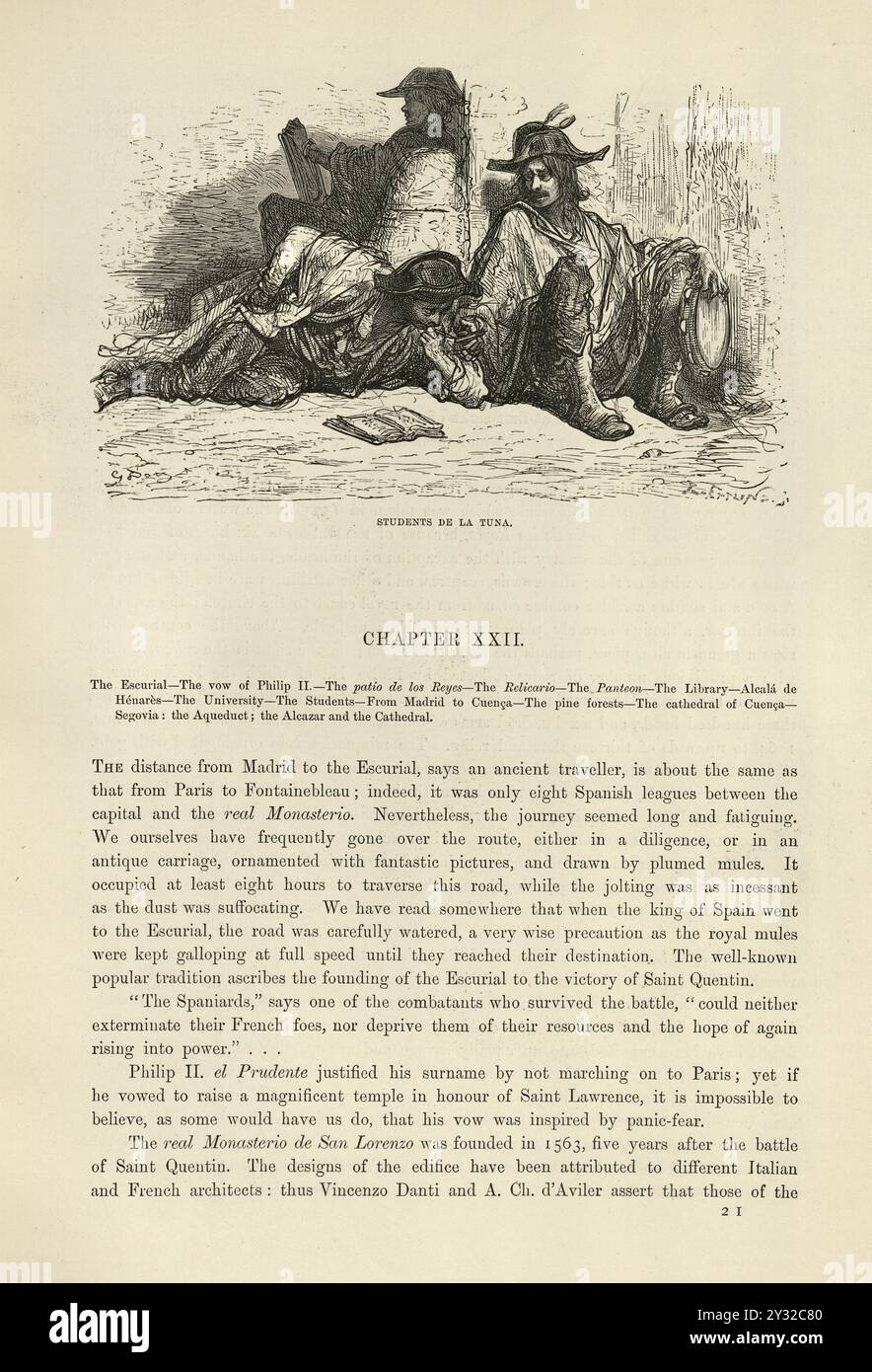 Vintage-Illustration von Studenten de la Thuna, Spanien, illustriert von Gustave Dore, spanische Geschichte 19. Jahrhundert. In Spanien, Portugal und lateinamerikanischen Ländern ist ein Thunfisch eine Gruppe von Hochschulstudenten in traditioneller Universitätskleidung, die traditionelle Instrumente spielen und Serenaden singen. Stockfoto
