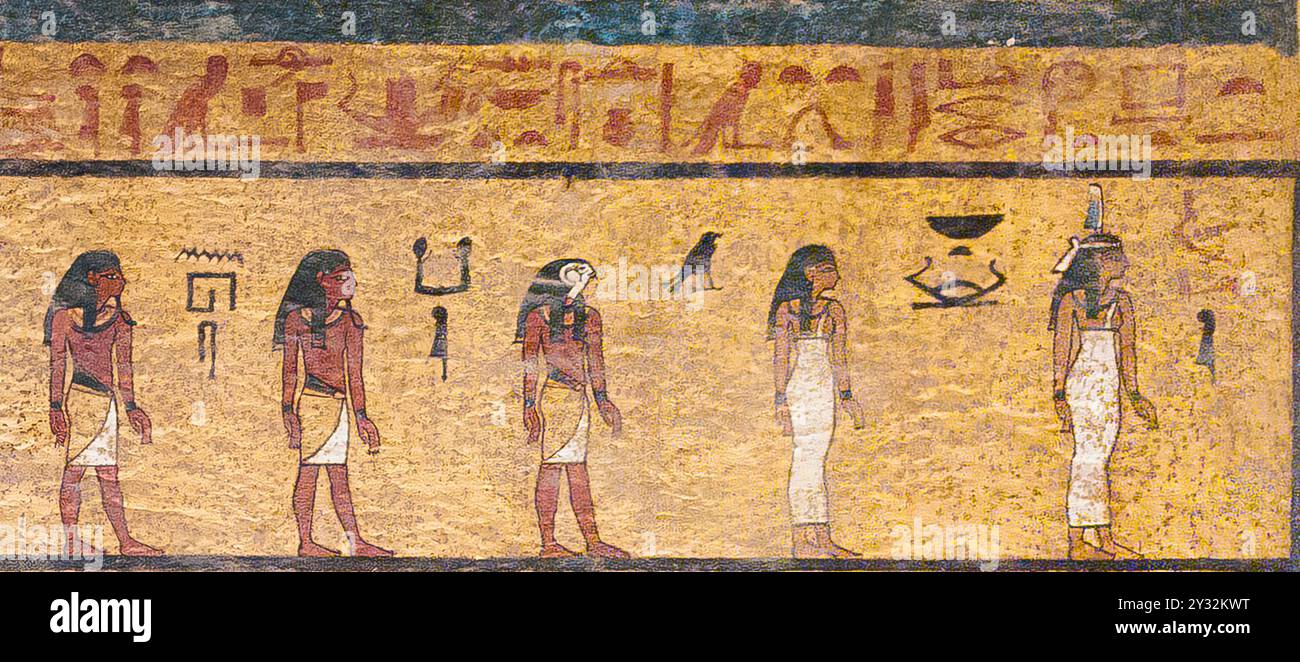 Ägypten, Grab von Tutanchamun, Westwand des Trauerzimmers, erste Stunde des Amduat-Buches: Maat die Dame der Barke, Horus, der Ka von Shu, Nehes. Stockfoto