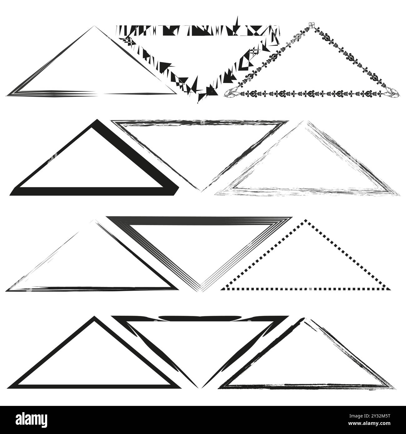 Dreieck-Rahmensatz. Geometrische Begrenzungen schleifen. Abstrakte Vektorformen. Dekorative Linienmuster. Stock Vektor