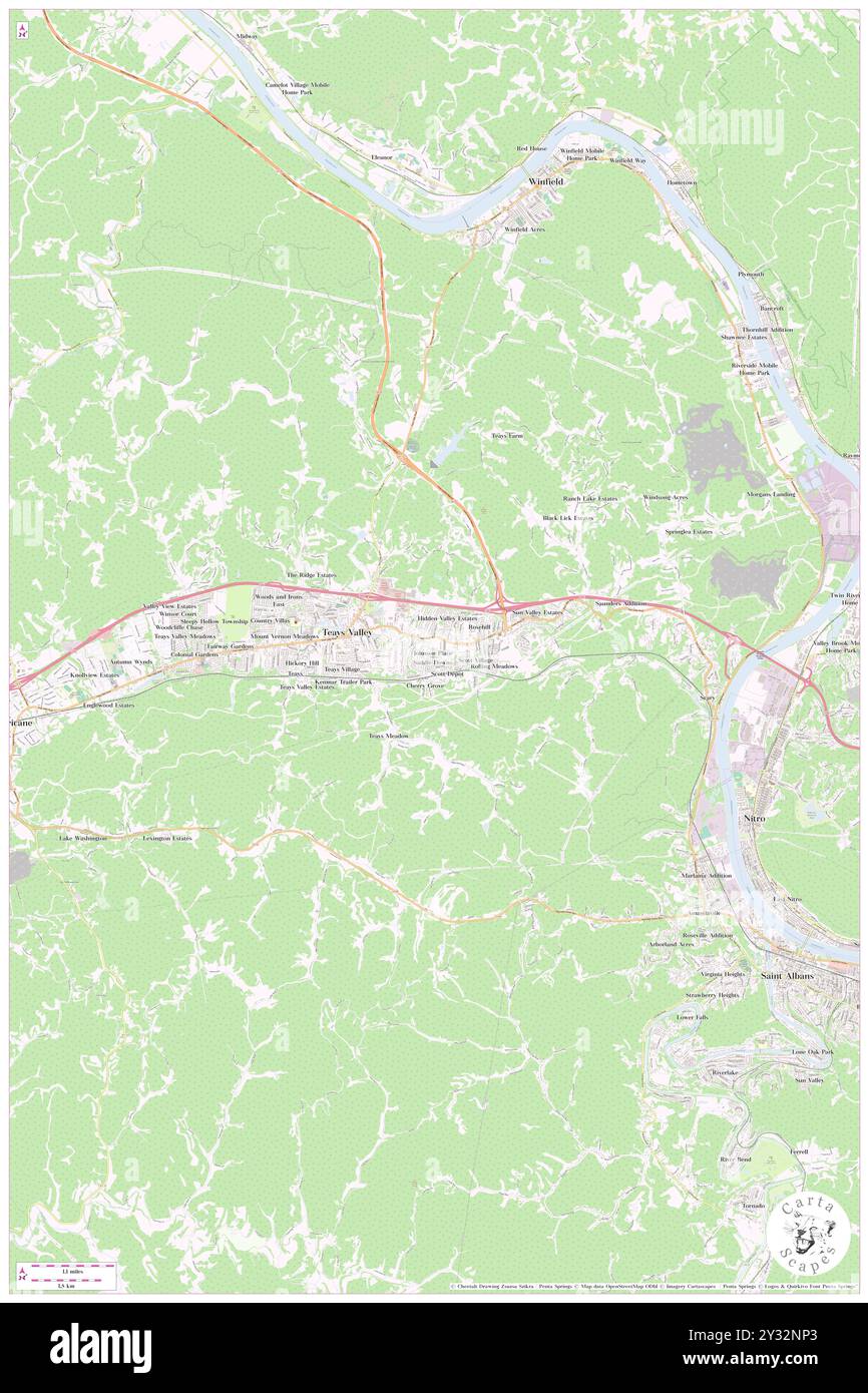 Teays Valley, Putnam County, USA, USA, West Virginia, n 38 27' 0'', S 81 55' 45'', Karte, Karte, Kartenausgabe 2024. Erkunden Sie Cartascapes, eine Karte, die die vielfältigen Landschaften, Kulturen und Ökosysteme der Erde enthüllt. Reisen Sie durch Zeit und Raum und entdecken Sie die Verflechtungen der Vergangenheit, Gegenwart und Zukunft unseres Planeten. Stockfoto