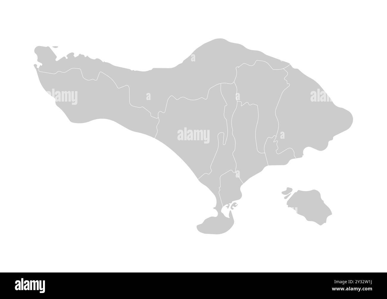 Vektor isolierte Illustration der vereinfachten Verwaltungskarte von Bali, indonesische Insel. Grenzen der Regenzen, Regionen. Graue Silhouetten. Weiß o Stock Vektor