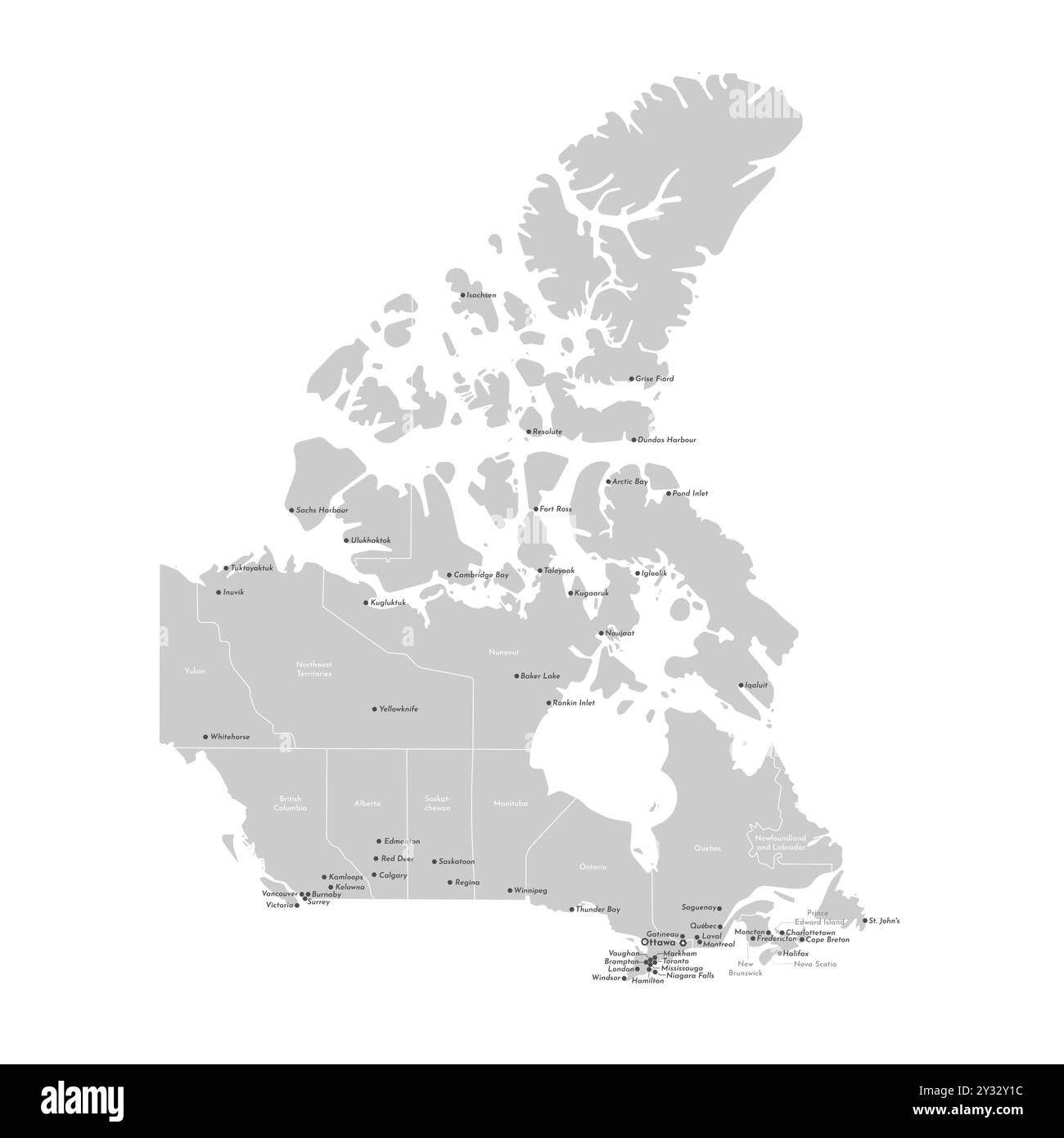 Moderne Vektor-Illustration. Vereinfachte, isolierte Verwaltungskarte Kanadas in grauen Farben. Weißer Hintergrund und Kontur. Namen der Städte Ottawa, Stock Vektor