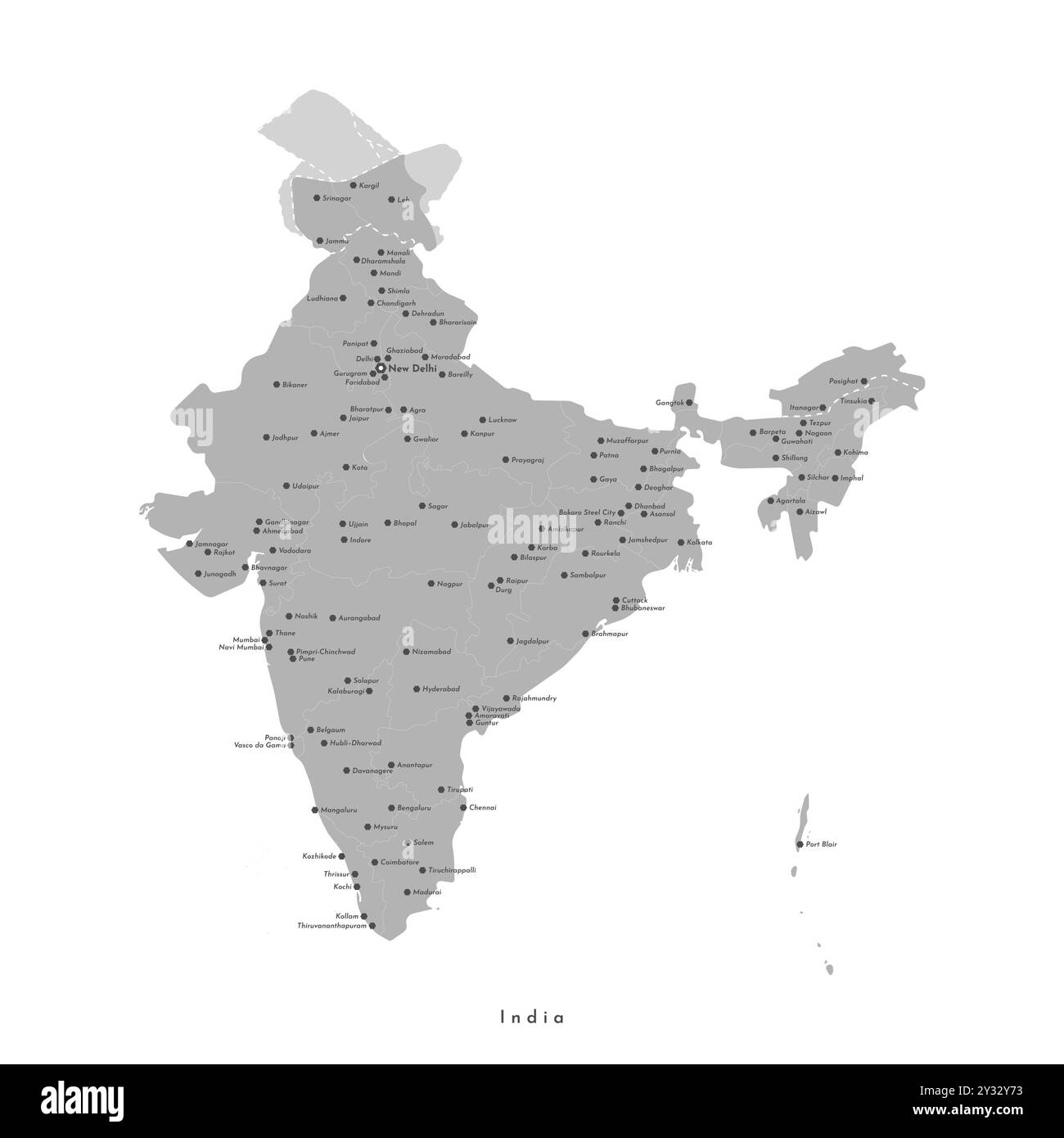 Vektor Moderne isolierte Illustration. Vereinfachte Verwaltungskarte Indiens in grauer Farbe. Weißer Hintergrund. Namen großer Städte wie Neu-Delhi, Mama Stock Vektor