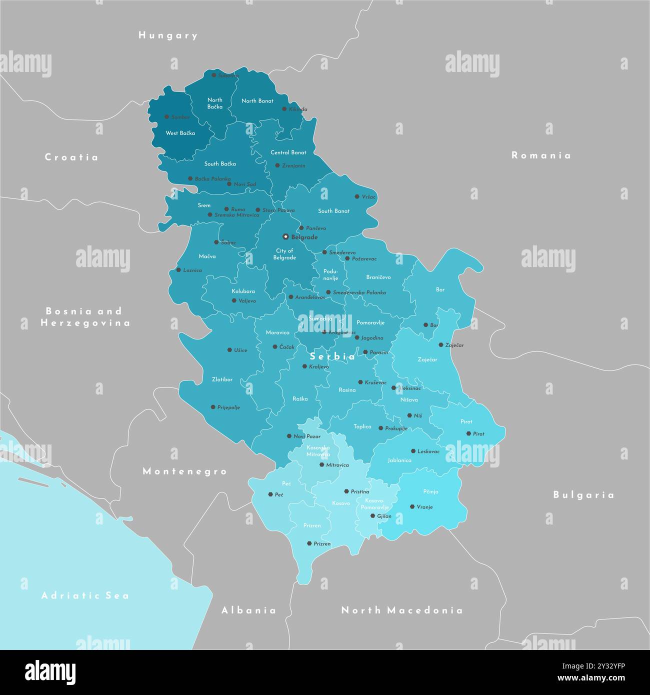 Moderne Vektor-Illustration. Vereinfachte Verwaltungskarte Serbiens einschließlich Kosovo. Grenze zu den nächstgelegenen staaten Rumänien, Bulgarien, Ungarn usw. B Stock Vektor