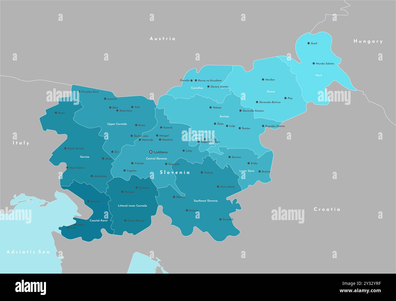 Moderne Vektor-Illustration. Vereinfachte Verwaltungskarte Sloweniens. Grenze zu den nächstgelegenen staaten Österreich, Kroatien, Italien usw. Blauer Hintergrund von Stock Vektor