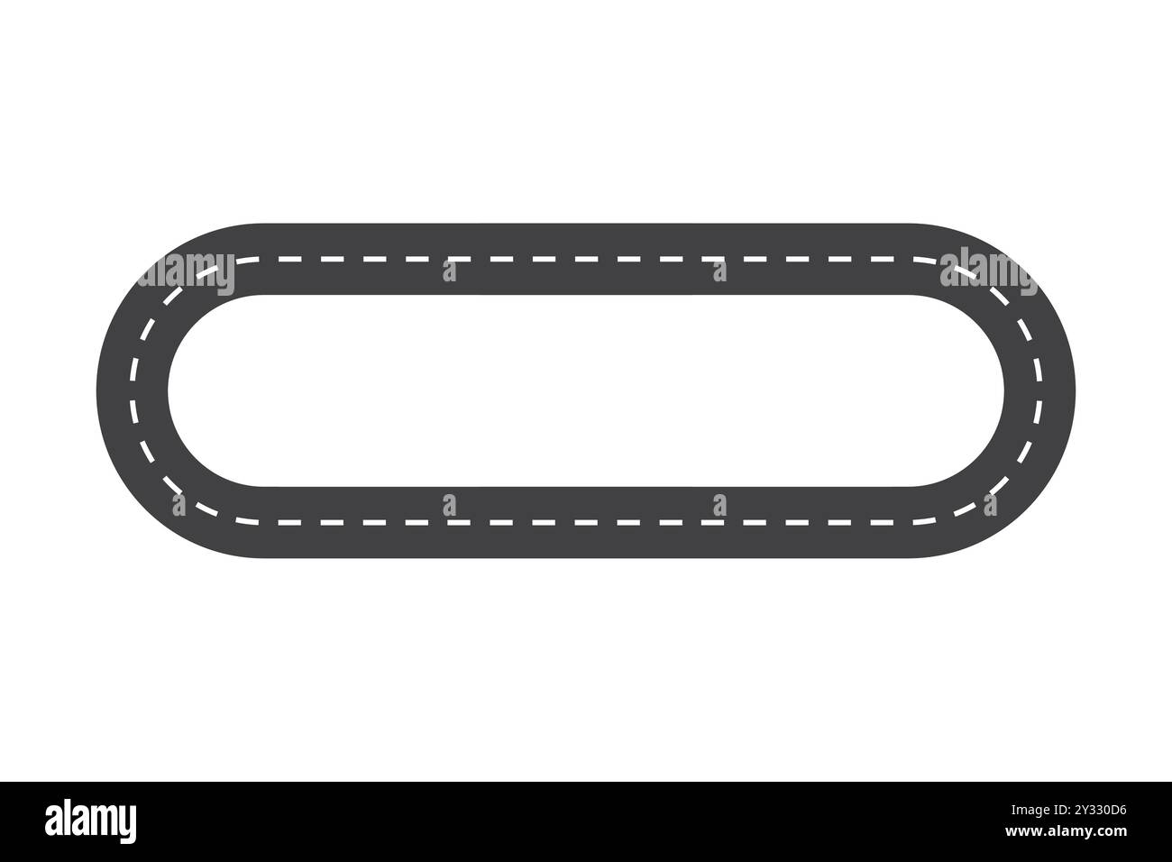 Einfache Vektor-Rennstrecke Illustration. Ovale Straße mit gestrichelten Fahrbahnmarkierungen. Dunkelgrauer Asphalt auf weißem Hintergrund. Stock Vektor