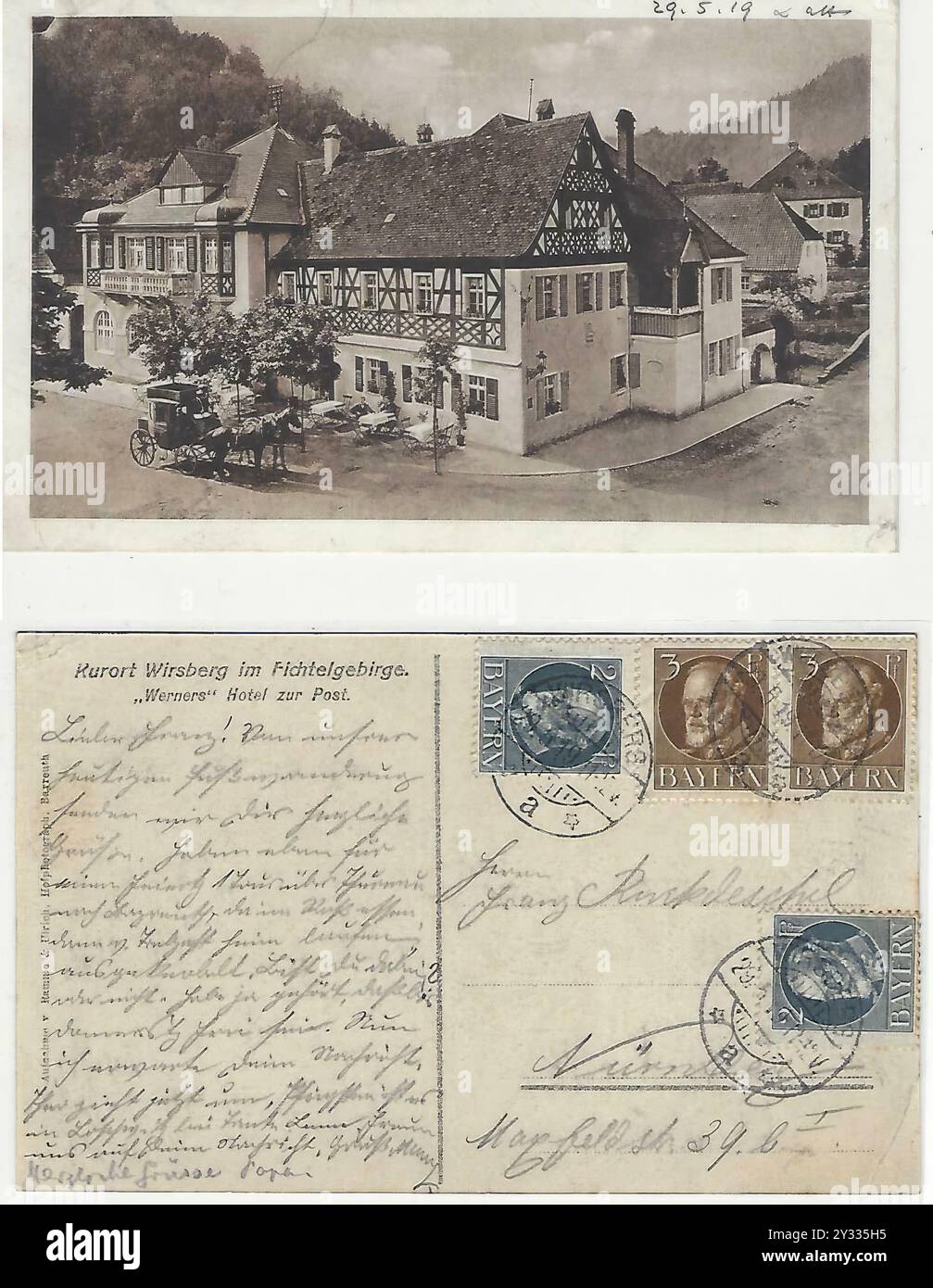 Beidseitig einer Ansichtskarte von 1919, Hotel zur Post in Wirsberg, heute 2-Sterne-Restaurant von Alexander Herrmann, Landkreis Kulmbach, Oberfranken, Bayern, Deutschland, historische, digital restaurierte Reproduktion eines Originals aus jener Zeit Stockfoto