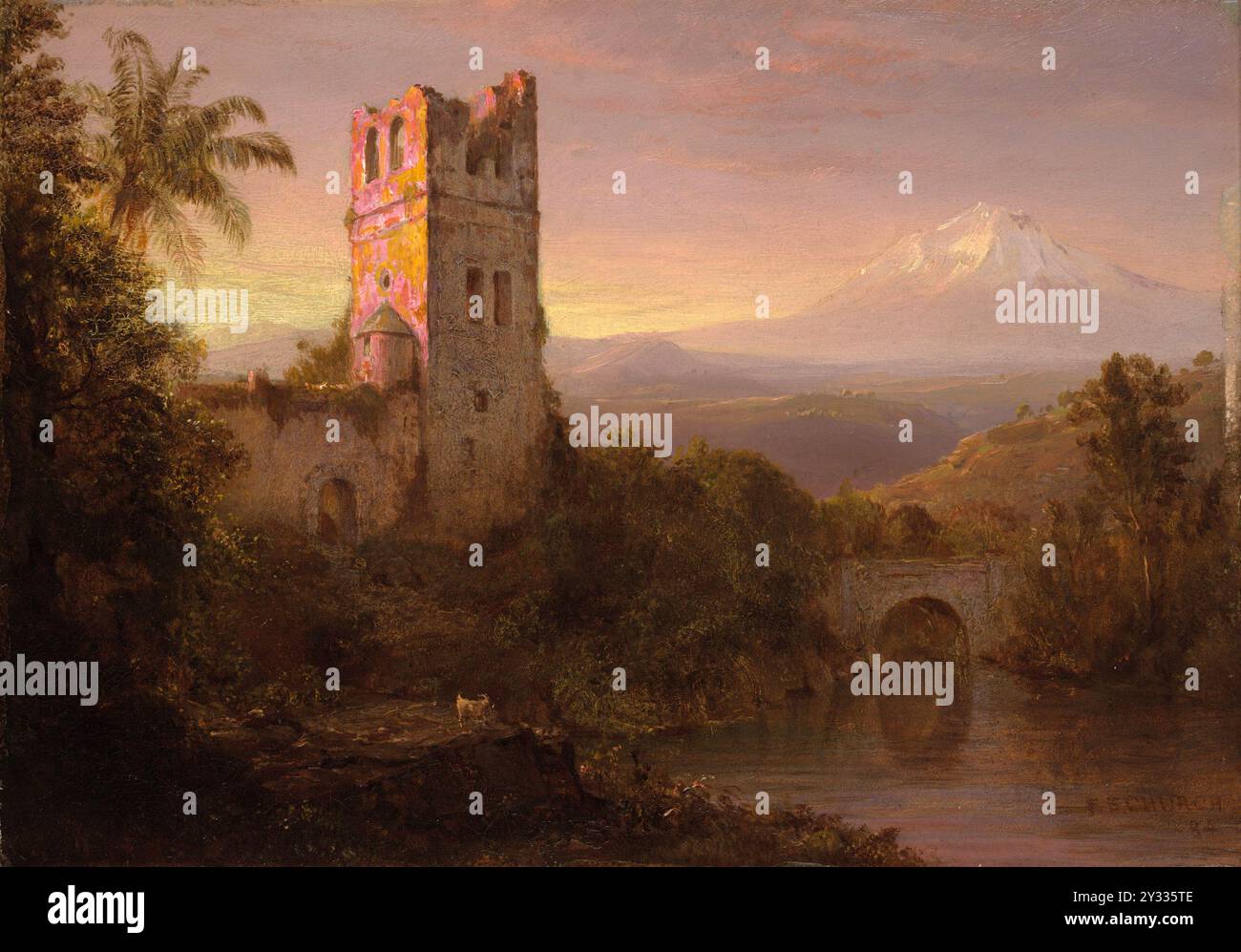 Der Vulkan Chimborazo in Ecuador, im Vordergrund Ruinen einer Kirche, Gemälde von Frederic Edwin Church, Historic, digital restaurierte Reproduktion eines Originals aus der Zeit Stockfoto