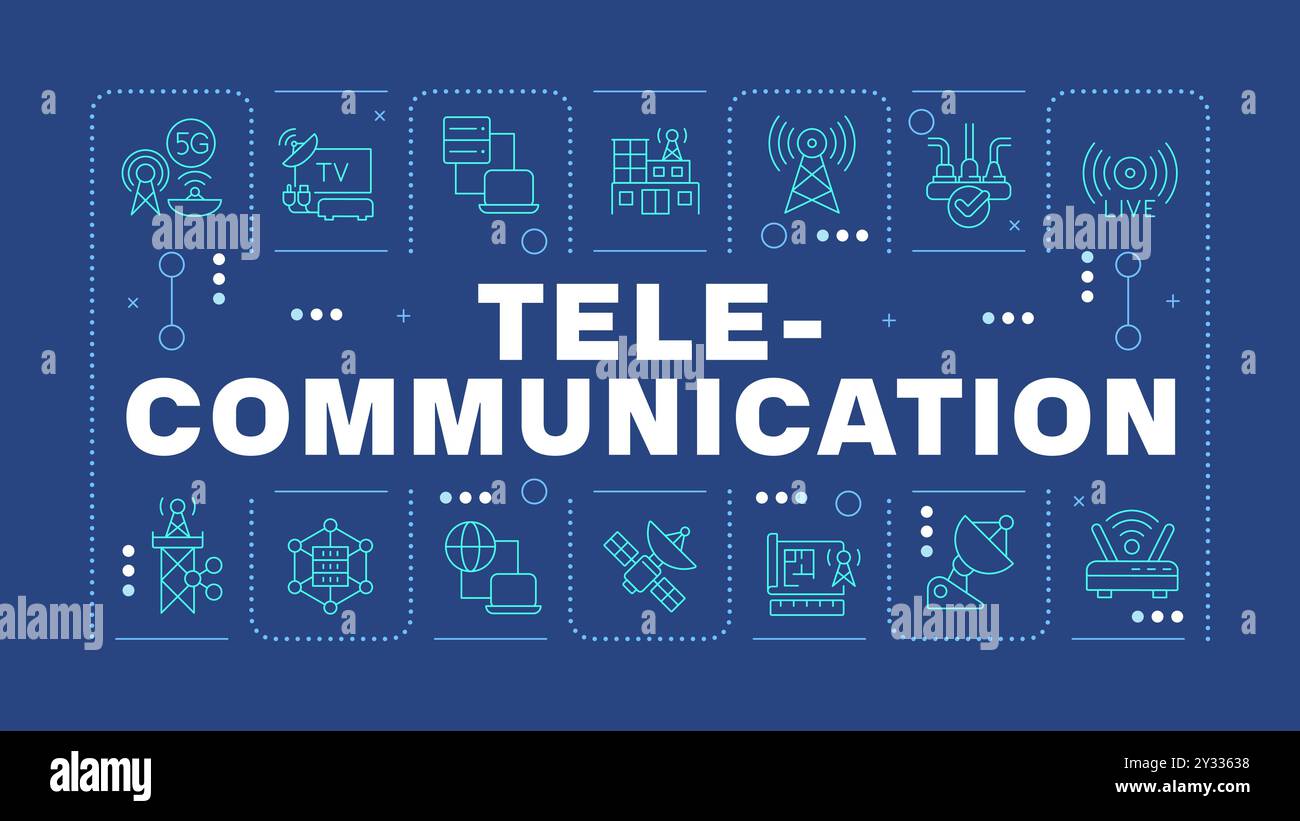 Telekommunikation dunkelblaues Wort Konzept Stock Vektor