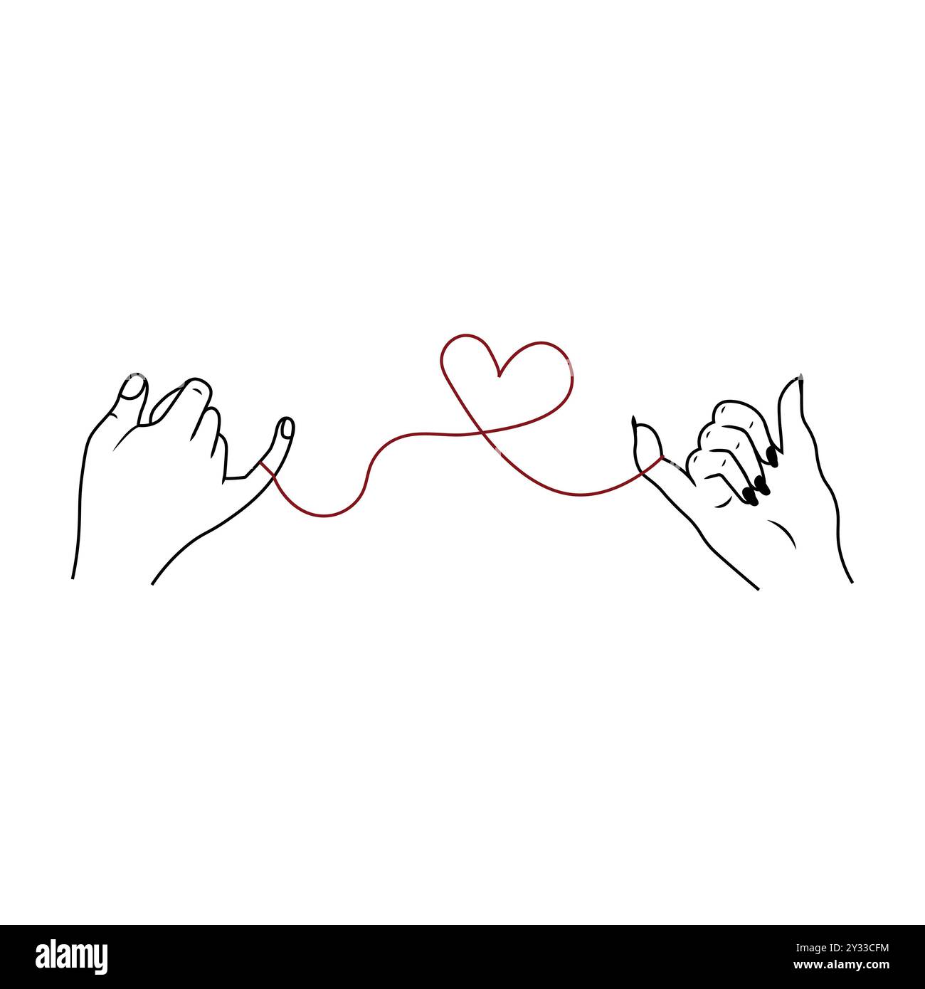 Ein paar Hände mit roter Schicksalsfolge. Symbol für ineinander verflochtene Hand. Valentinstag, kostenlose Liebe und nicht-traditionelle Hochzeiten. Vektorabbildung Stock Vektor