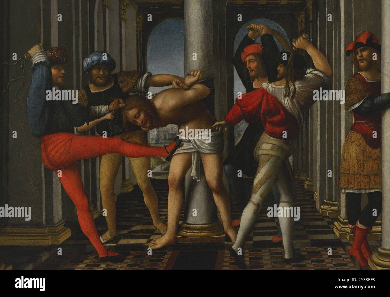 Flagellierung, 1515-1520. Gemälde, die einem der Kollaborateure des Kreises des italienischen Malers Bernardo Zenale (ca. 1460–1526) zugeschrieben werden. Öl auf Holzplatte (80 x 60 cm). Details. Pinacoteca Castello Sforzesco, Mailand, Italien. Stockfoto