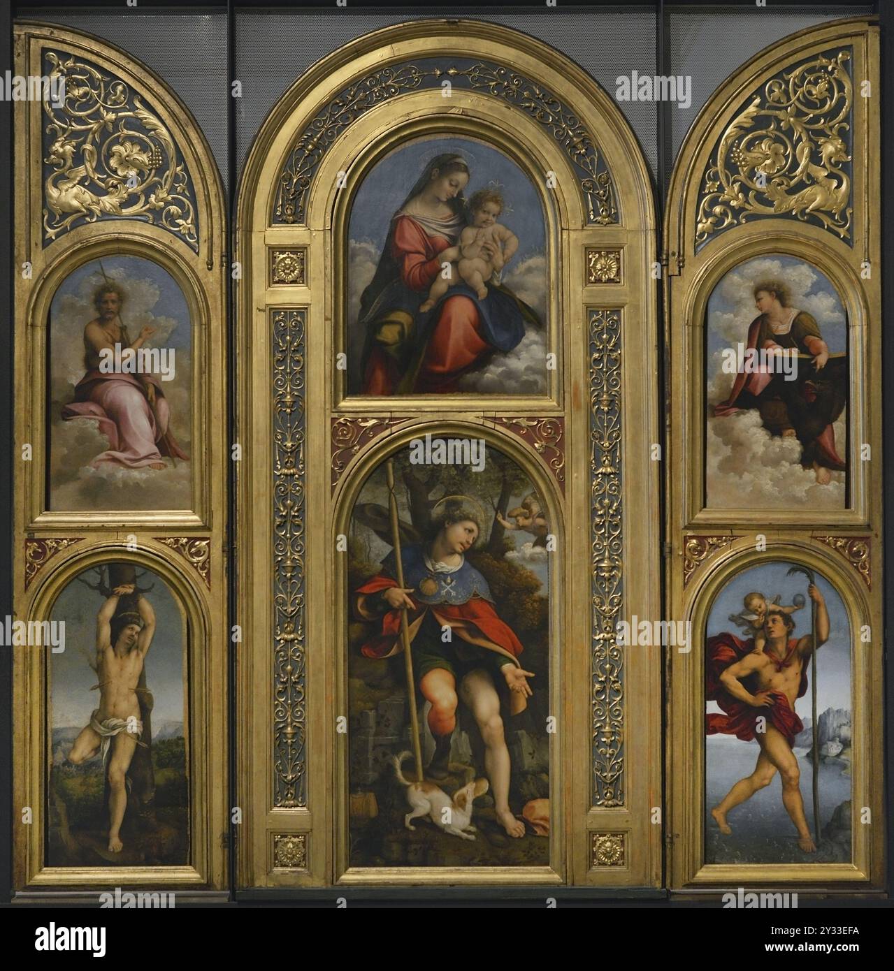 Cesare da Sesto (1477-1523). Italienischer Renaissance-Maler. Polyptychon des heiligen Rocco, 1523. Von oben nach unten, (Mitte): Madonna und Kind, St. Rocco; (rechts): St. Johannes der Evangelist und St. Christoph; (links): St. Johannes der Täufer und St. Sebastian. Öl auf Holzplatte. Pinacoteca Castello Sforzesco, Mailand, Italien. Stockfoto