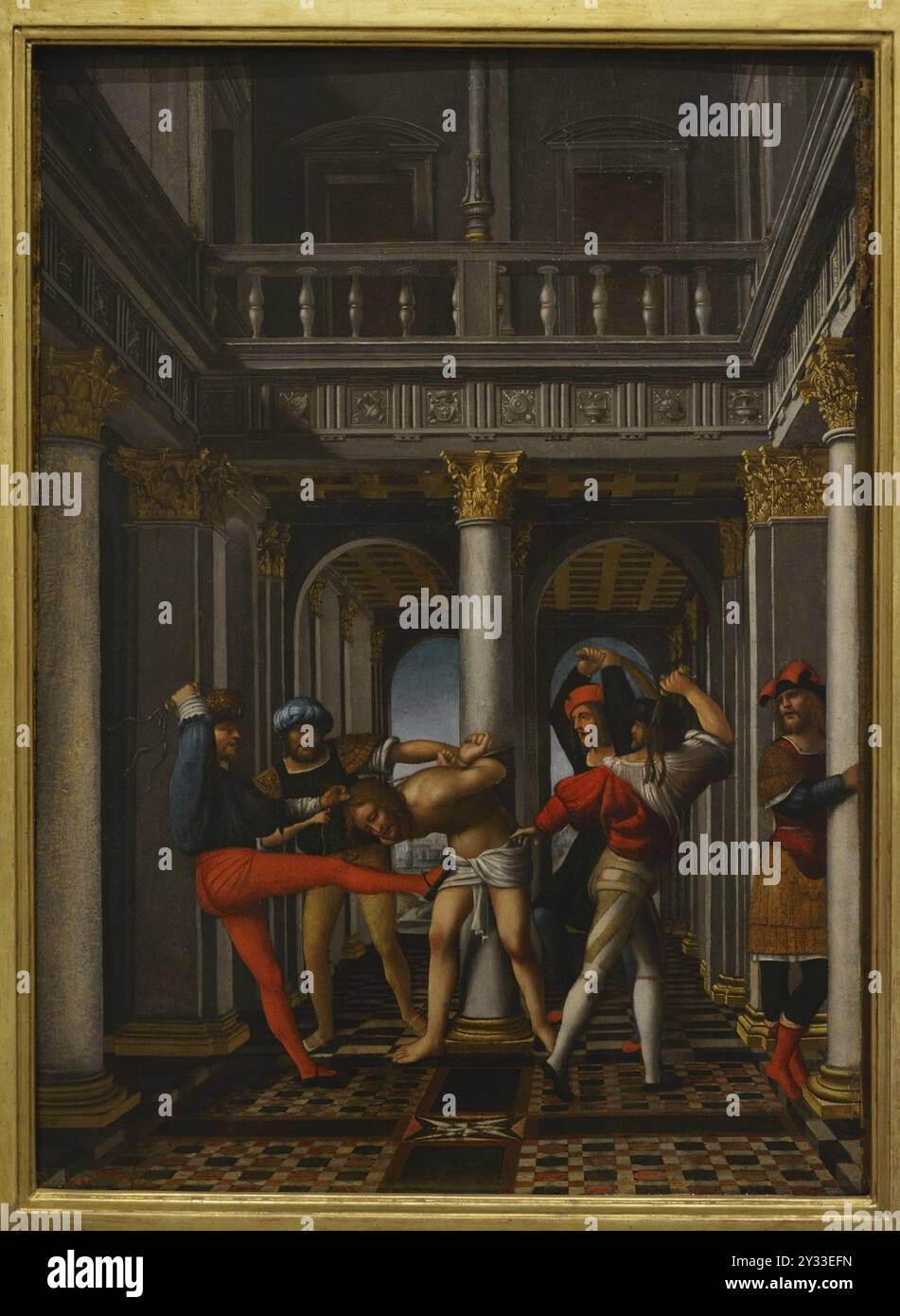 Flagellierung, 1515-1520. Gemälde, die einem der Kollaborateure des Kreises des italienischen Malers Bernardo Zenale (ca. 1460–1526) zugeschrieben werden. Öl auf Holzplatte (80 x 60 cm). Pinacoteca Castello Sforzesco, Mailand, Italien. Stockfoto