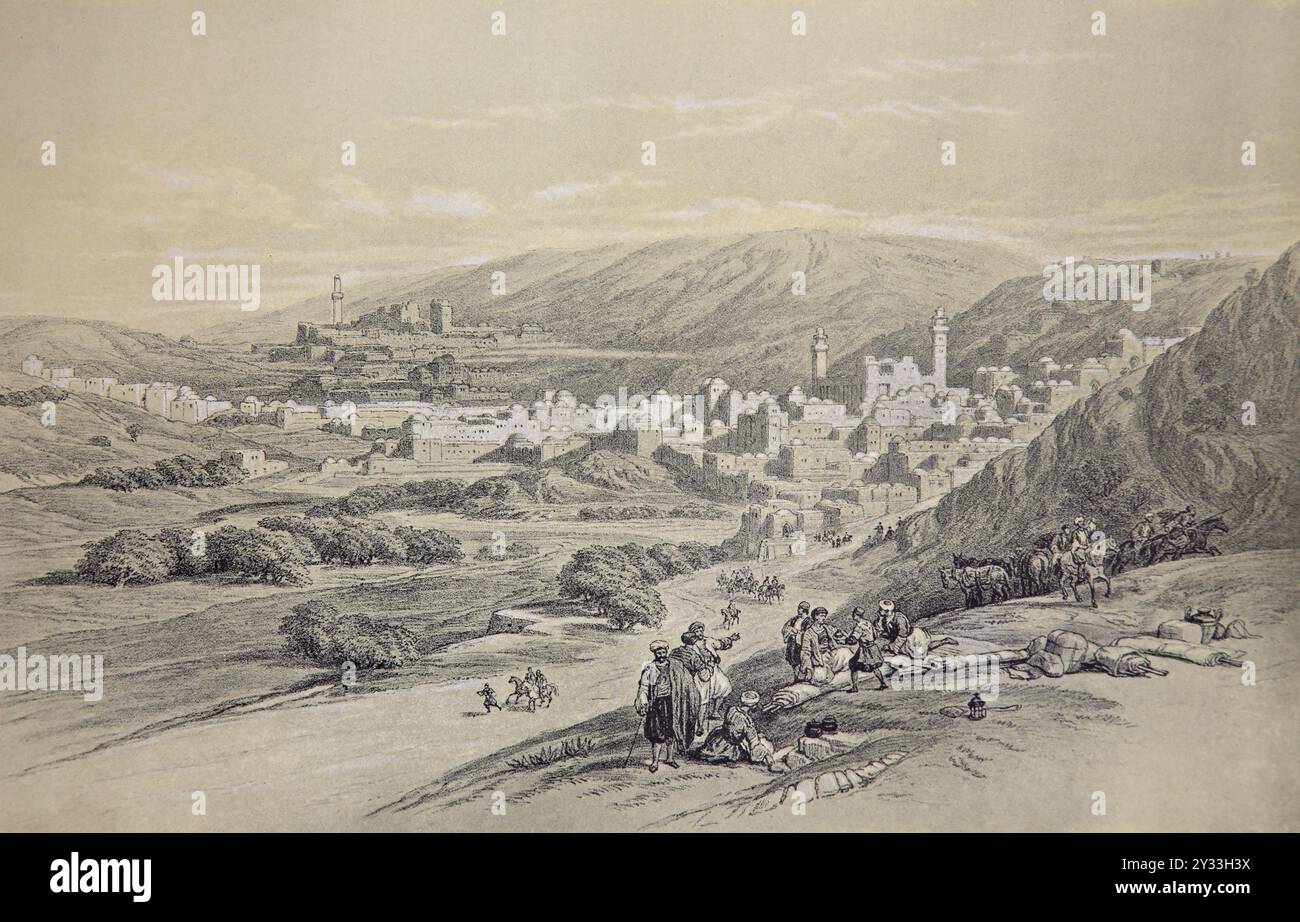 Illustration des biblischen Ortes Hebron aus einer Zeichnung von David Roberts R. A 1839 in der Antike National Comprehensive Family Bible Stockfoto