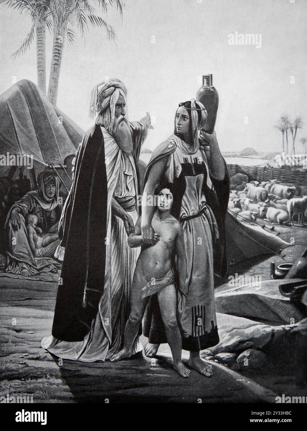 Illustration von Abraham, der Hagar und seinen Sohn Ishmael aufgibt, während seine Frau Sarah und sein Sohn Isaac auf (Genesis) aus dem Gemälde von Horace Vernet in 19t schauen Stockfoto Illustration von Abraham, der Hagar und seinen Sohn Ishmael aufgibt, während seine Frau Sarah und sein Sohn Isaac auf (Genesis) aus dem Gemälde von Horace Vernet in 19t schauen Stockfoto