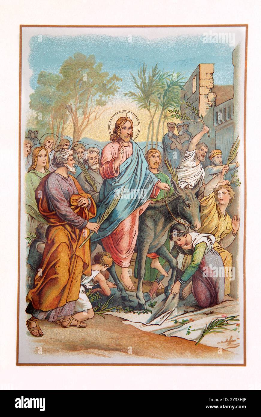 Art Nouveau Illustration Einzug Jesu in Jerusalem mit Anhängern, die Tücher nehmen und auf den Boden legen, damit der Esel auf dem Boden laufen kann (GOS Stockfoto