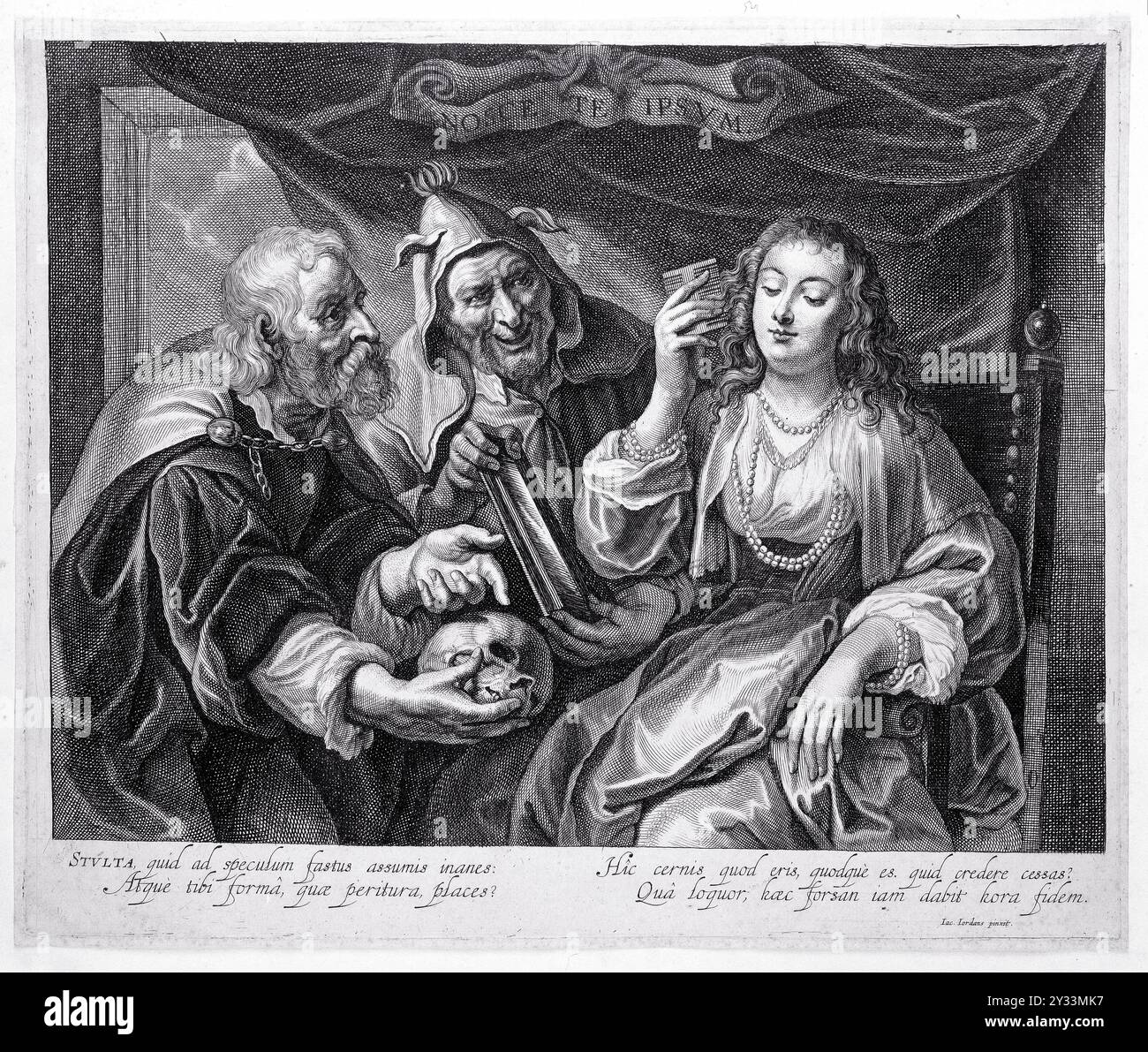 Eine Szene zeigt eine eitle Frau, die ihr Spiegelbild in einem Spiegel überprüft, begleitet von einem Narren und einem Philosophen, der mit einem Schädel die Bedeutungslosigkeit der Eitelkeit hervorhebt. Stich aus dem 17. Jahrhundert, der Pieter de Jode II. Nach J. Jordaens zugeschrieben wurde. Jordaens, Jacob, 1593-1678. Stockfoto