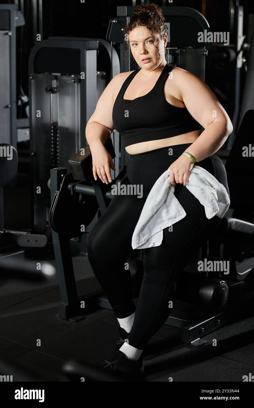 Eine junge Frau nimmt selbstbewusst an einem Workout im Fitnessstudio Teil und verkörpert Körperpositivität und Kraft. Stockfoto