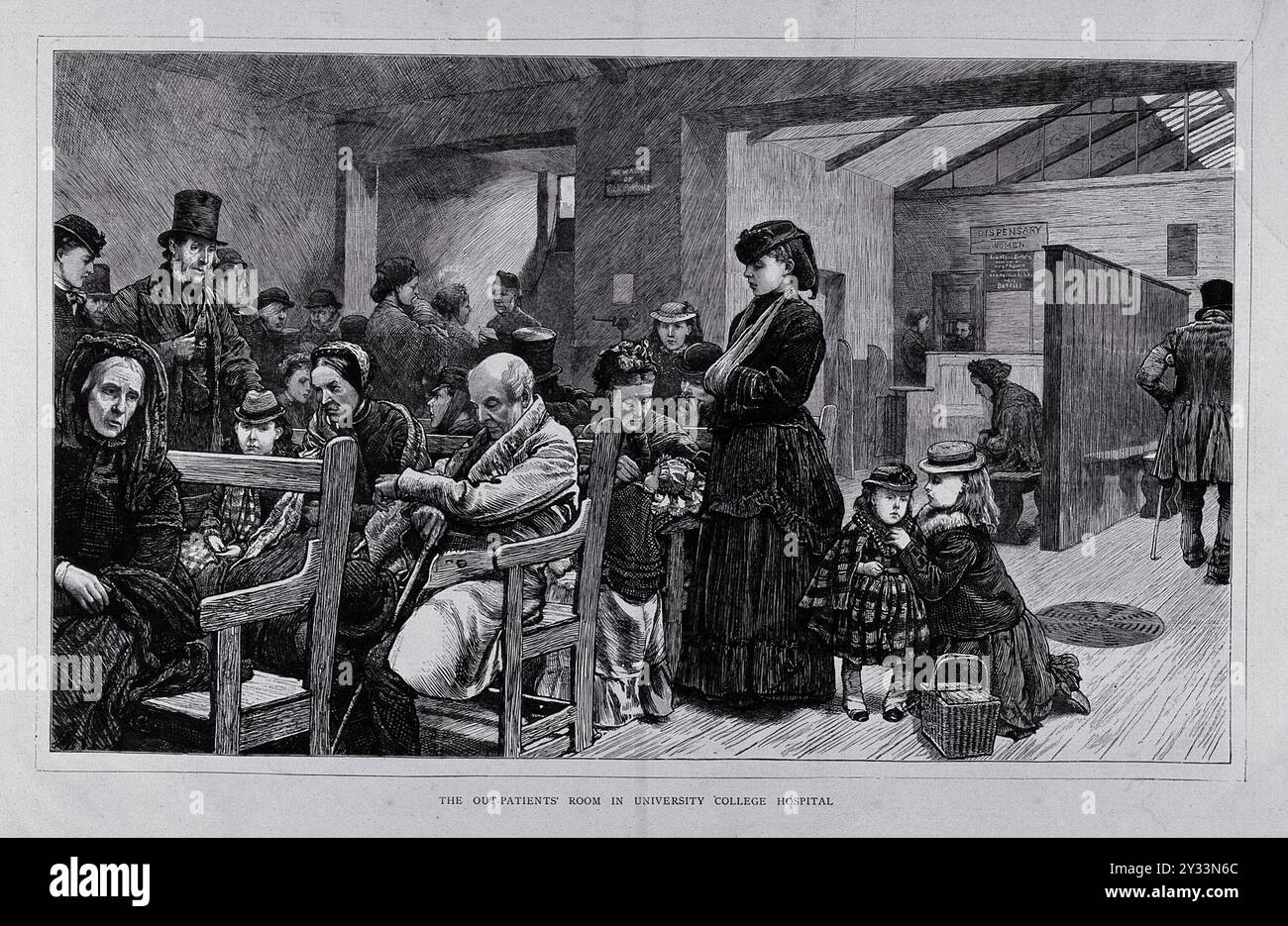 University College Hospital, London: Wartezimmer und Apotheke der ambulanten Patienten. Holzstich, 1872. Stockfoto