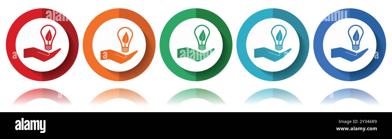 Leicht, Idee, Hand mit Glühlampenvektorsymbolen, flaches Symbol-Set für Logo-Design, Webdesign und mobile Anwendungen, farbenfrohe Web-Buttons-Kollektion in eps 10 Stock Vektor