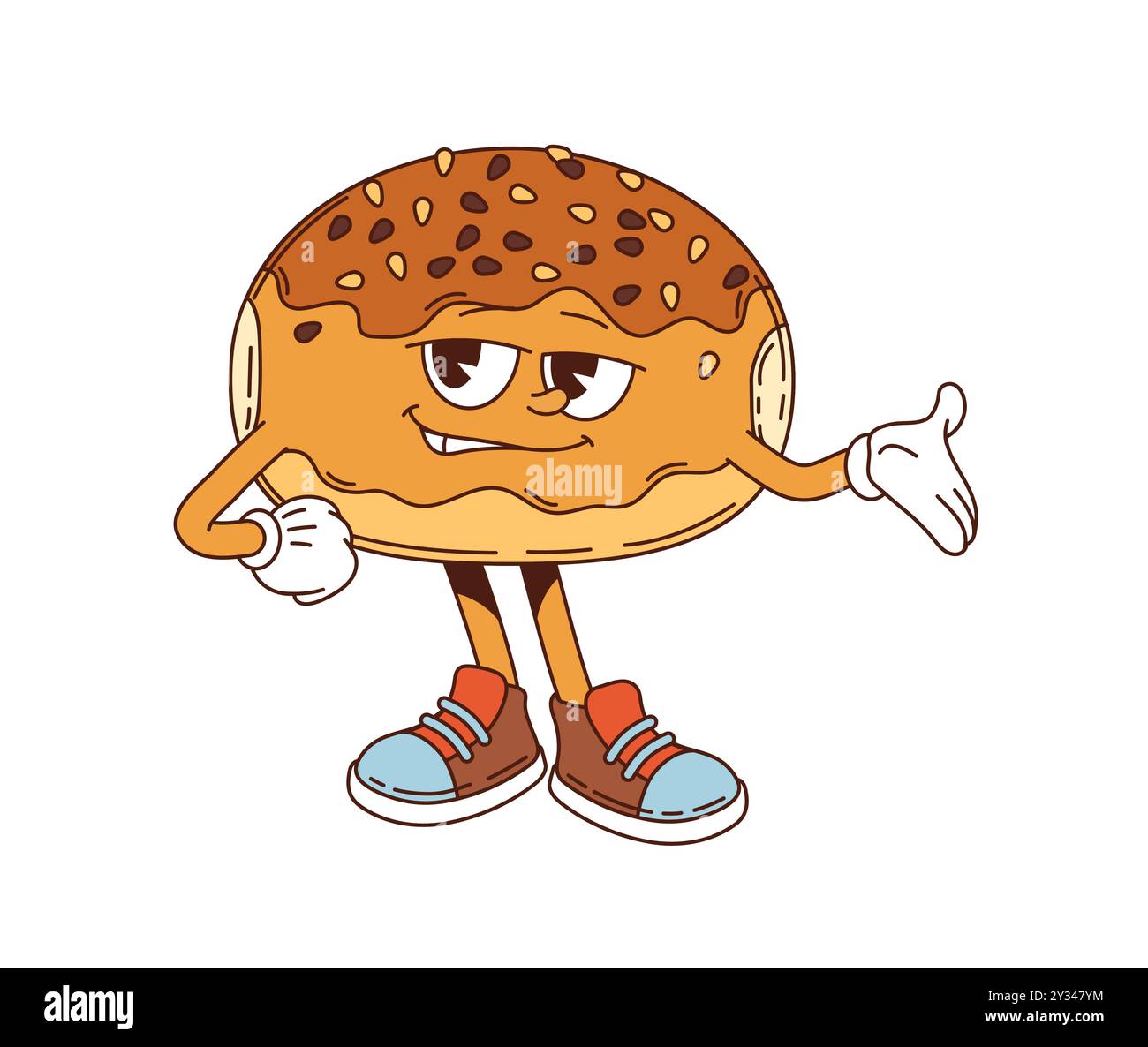 Grooviger japanischer Anpan-Brötchen mit einladender Geste. Isolierter Vektor köstliches japanisches Rote Bohnen-Brot mit Retro-Sneakers und entspannter Attitüde, die zum Besuch des asiatischen Cafés einladen Stock Vektor