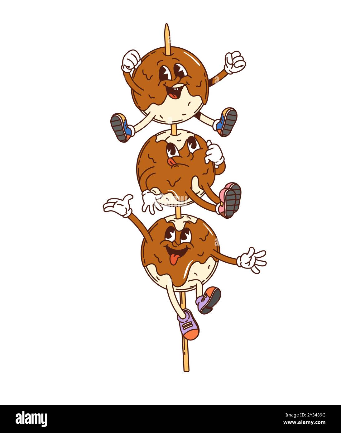 Cartoon-groovige japanische Danco-Dessert-Charaktere auf einem Stock. Isolierte Vektorspaß und verspielte Reisballfiguren serviert auf einem Spieß und bedeckt mit einem süßen Sirup. Japanisches Gebäck und Kawaii-Süßigkeiten Stock Vektor