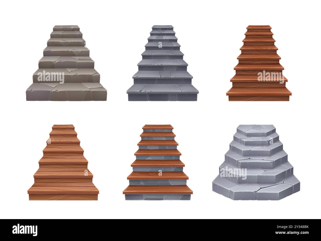 Stein- und Holztreppen, Schlosstreppe und Treppe für Arcade-Spielelemente, Cartoon-Vektor. Treppenleiter mit Steinsteinstufen oder Holzdielen für Treppen oder Treppen auf Spielebene Stock Vektor