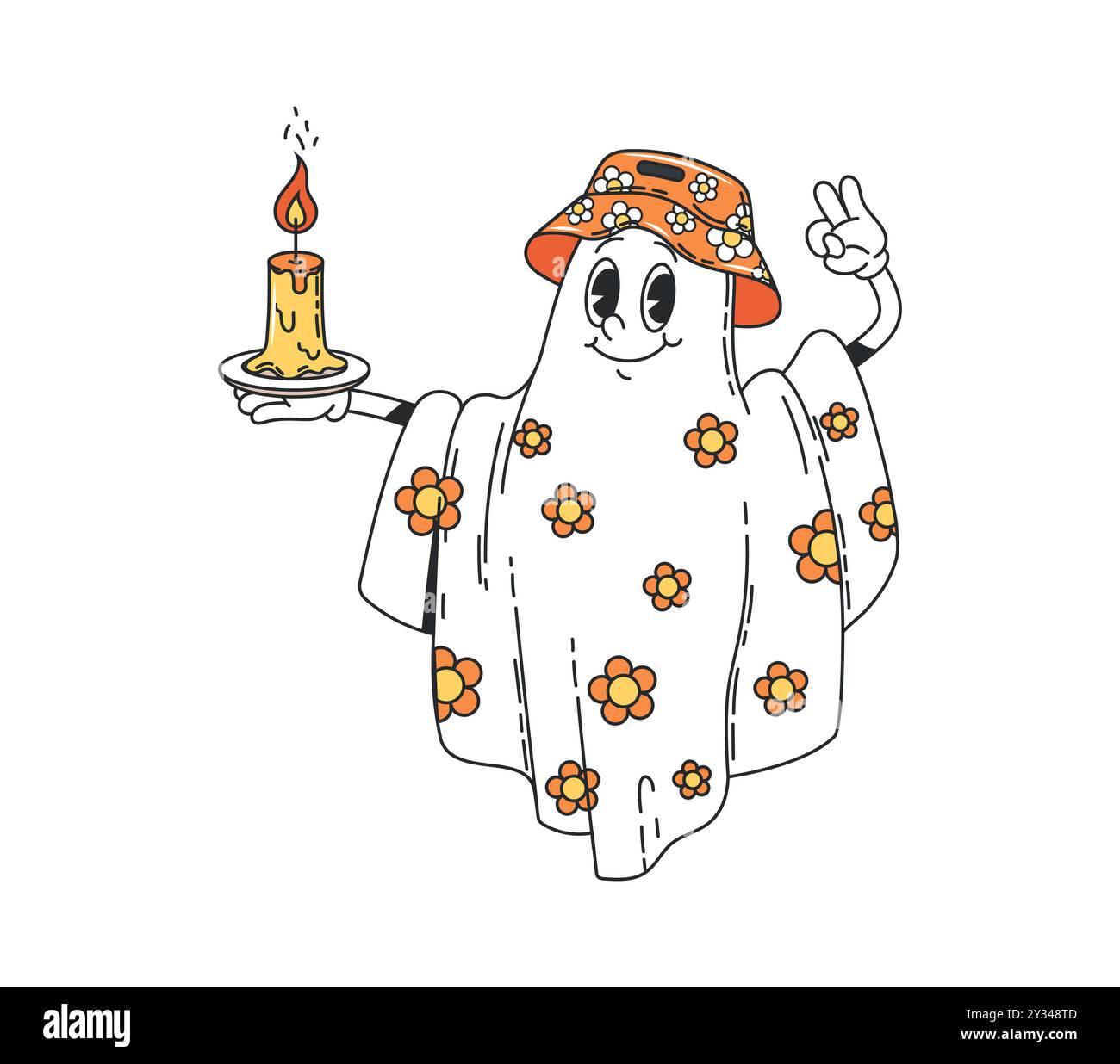 Cartoon Halloween groovige Geisterfigur in lustigem panamahut und -Blatt, verziert mit Gänseblümchenblümchen, die eine zündete Kerze umklammert. Isolierter Vektor entzückend, aber unheimlich, gespenstische Persönlichkeit wandert in der Feiertagsnacht Stock Vektor