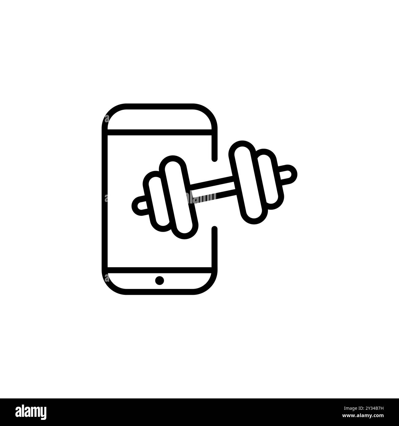 Online-Fitnesslinie-Symbol. Einfacher Umrissstil. Mobiler Trainer, Telefon mit Kurzhantel, Heimtraining, Online-Trainingskurs, sportliche Übungen. Stock Vektor