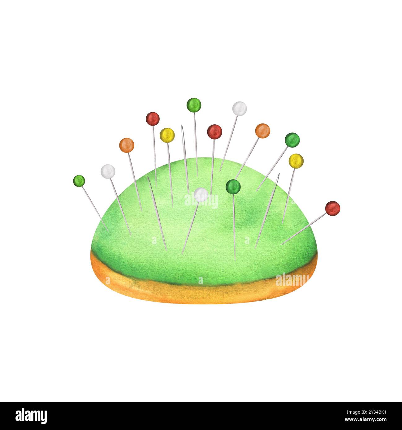 Ein Kissen mit metallischen Nadeln und Nadeln. Clipart wird vernäht. Maßgeschneiderte Artikel. Needlecraft-Produkt. Handgezeichnete Aquarellillustration. Stockfoto