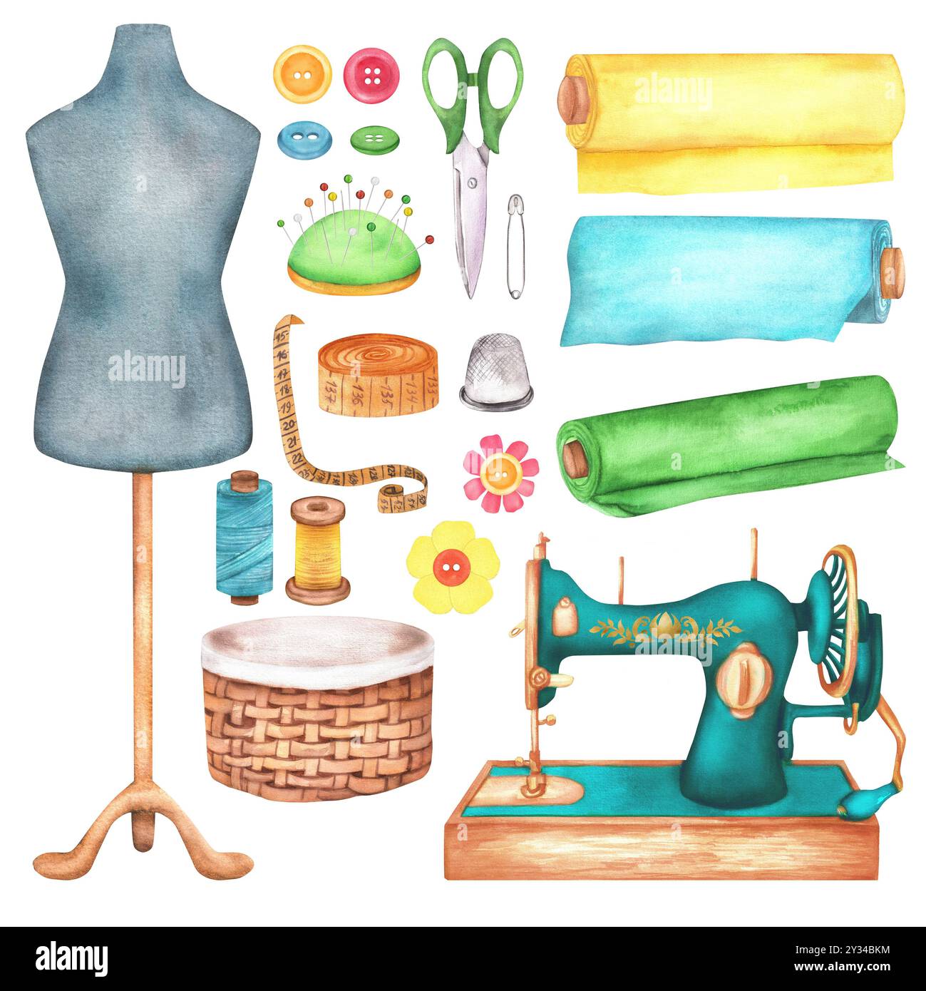 Ein Bündel von Artikeln für die Anpassung. Knöpfe, Scheren, Kissen, Nähmaschine, Stoffrollen, Schaufensterpuppe, Fingerhut, Maßband, Korb, Gewinde. Ha Stockfoto