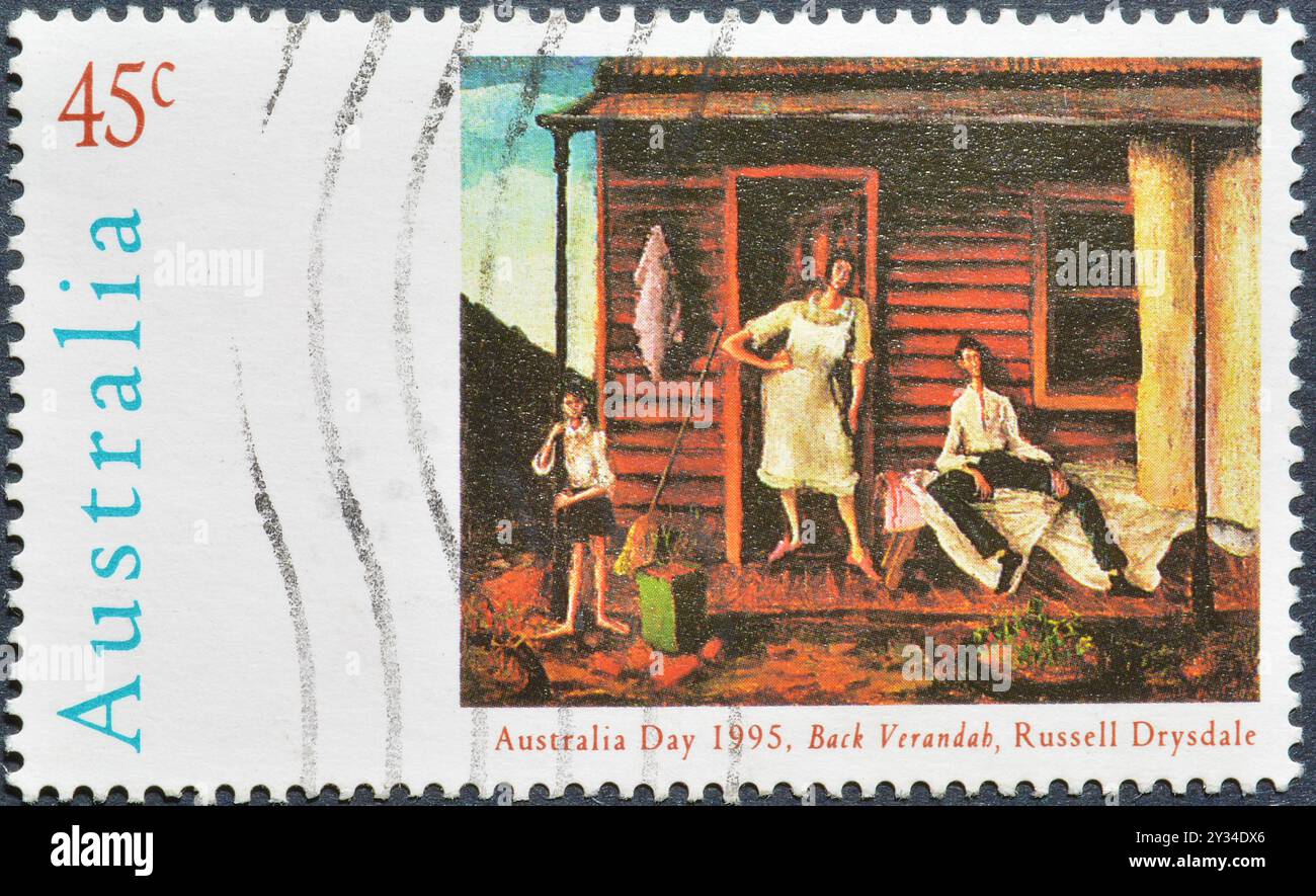 Gestempelte Briefmarke, gedruckt von Australien, auf der Malerei zurück Verandah, Russell Drysdale, Australia Day, um 1995 zu sehen ist. Stockfoto