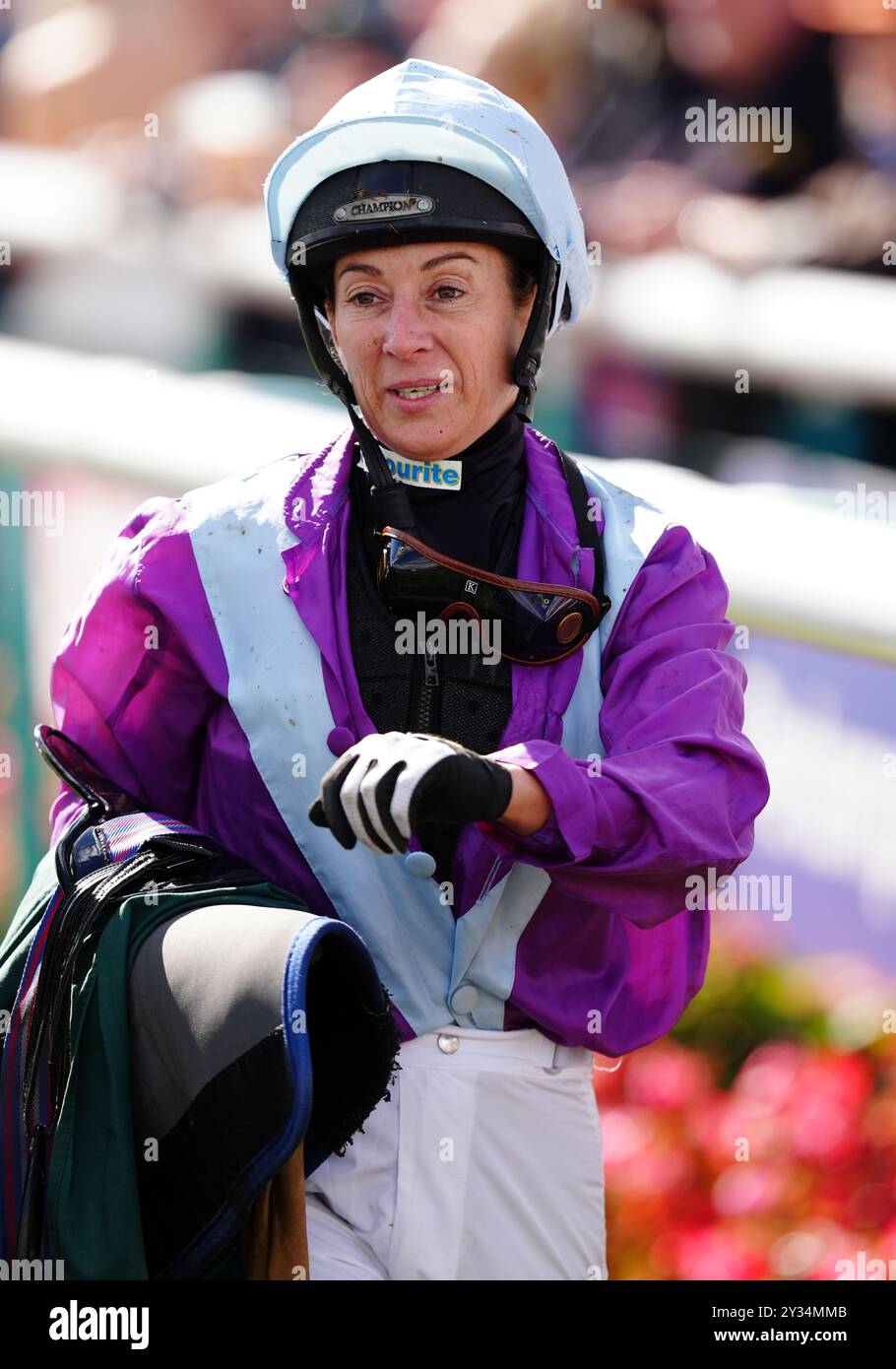 Jockey Hayley Turner am ersten Tag des Betfred St Leger Festivals auf der Doncaster Racecourse. Bilddatum: Donnerstag, 12. September 2024. Stockfoto