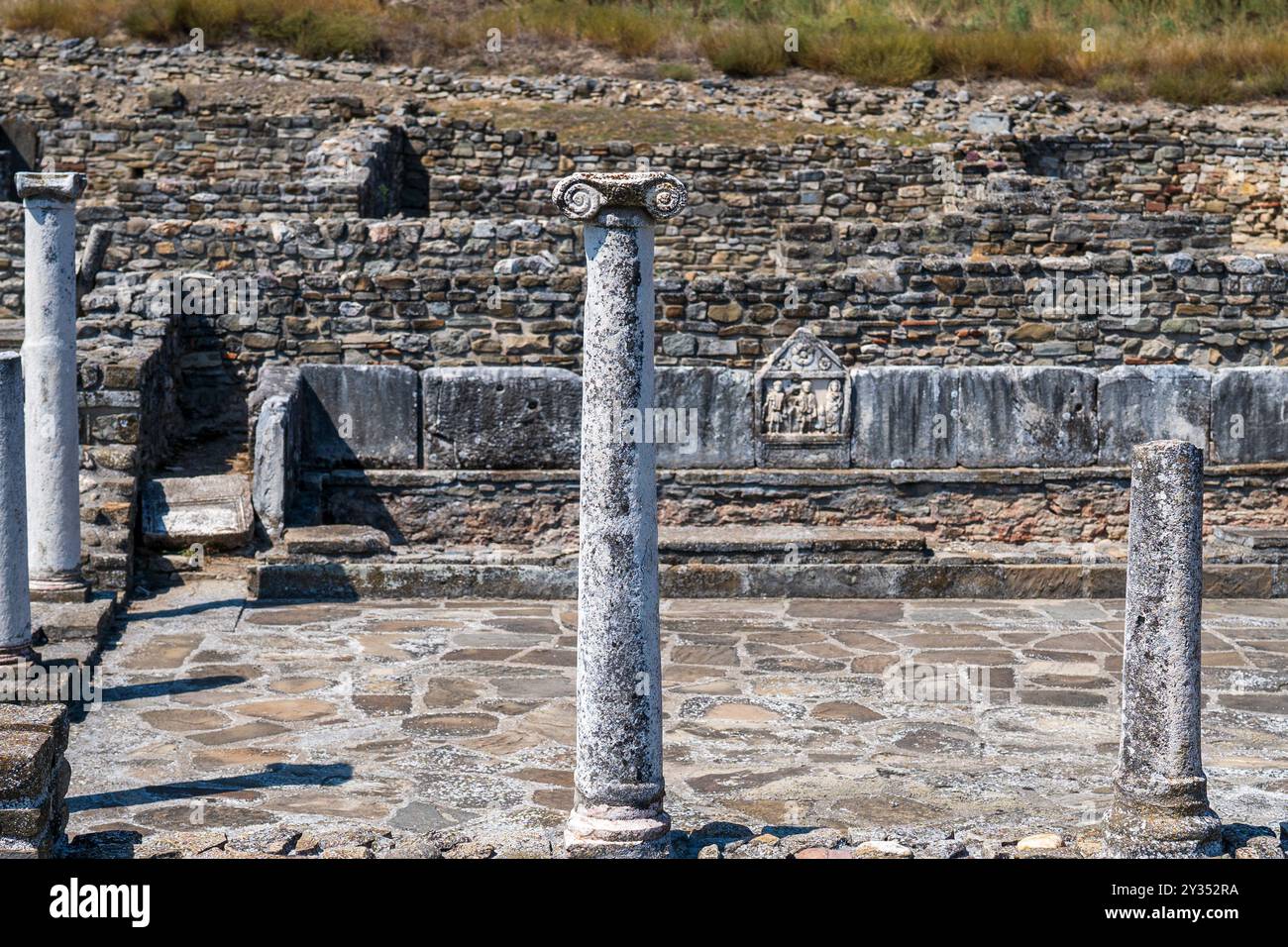 Säulen, Teil der antiken mazedonischen Stadt Stobi aus 359 v. chr. Grabstelle. Stockfoto