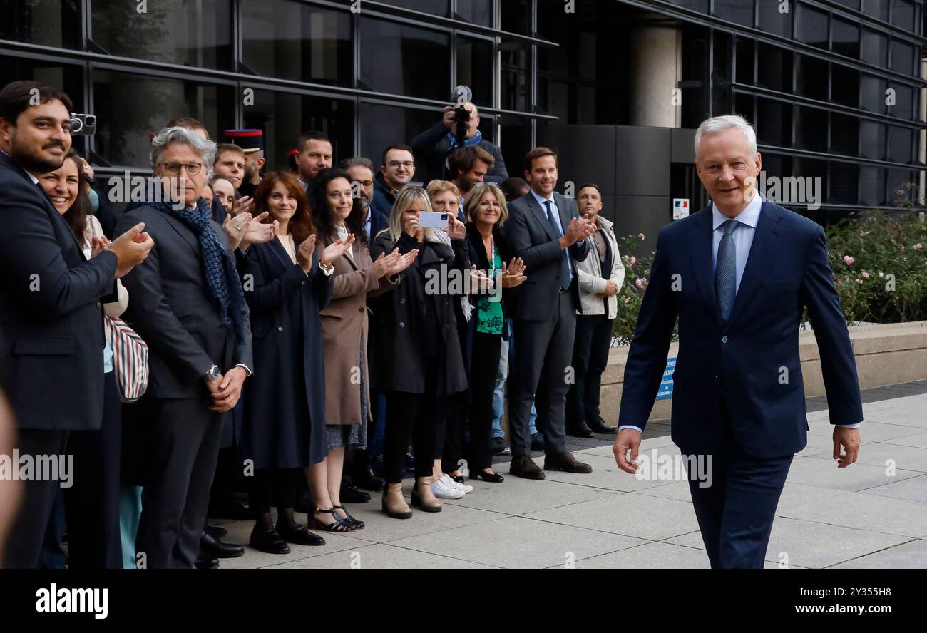Bruno Le Maire bei einer Abschiedsfeier im französischen Ministerium für Wirtschaft und Finanzen (Bercy) am 12. September 2024 in Paris. Frankreich wird "nächste Woche" eine neue Regierung haben, sagte kürzlich der konservative Premierminister Michel Barnier am 12. September, als er Kandidaten für die Leitung von Ministerien vor einem unberechenbaren hängenden parlament aussuchte. Foto: Jean-Bernard Vernier/JBV News/ABACAPRESS. COM Credit: Abaca Press/Alamy Live News Stockfoto