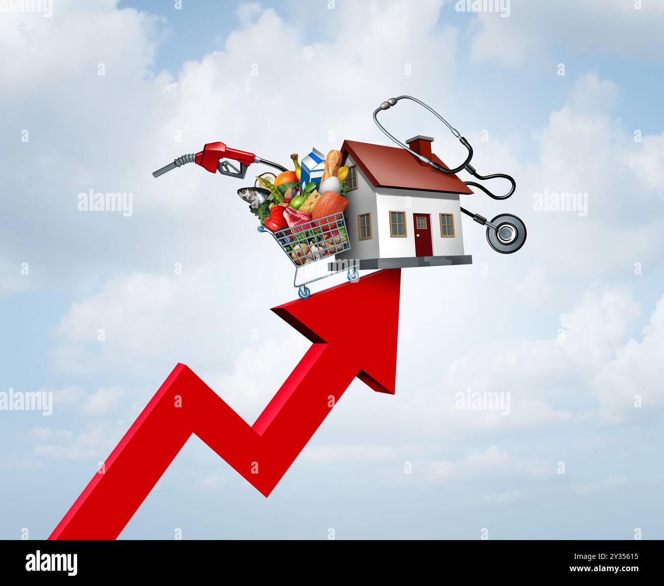Die wirtschaftliche Inflation erhöht das Finanzkonzept, da die Erschwinglichkeit der Verbraucher von einem nach oben gerichteten Pfeil, der steigende Preise von repräsentiert, hart getroffen wird Stockfoto