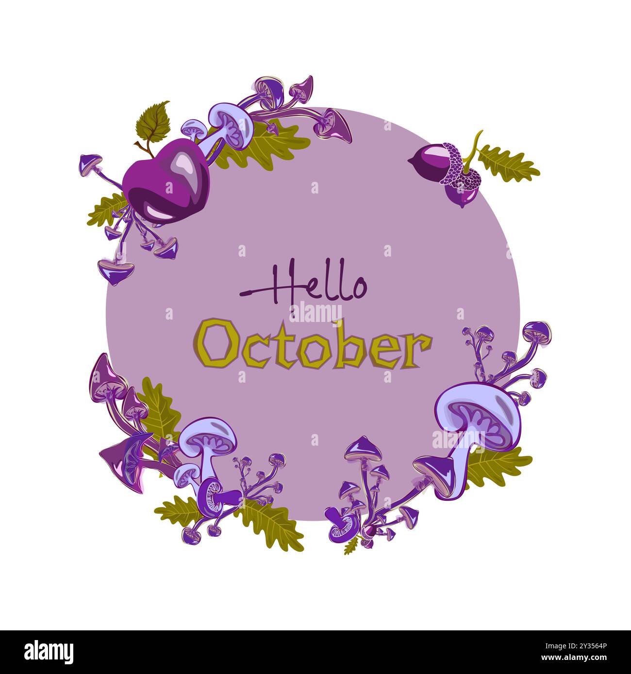 Hallo Oktober. Hallo Herbst. Schablone mit bunten Pilzen und modernen Handbeschriftungen. Skizze, Entwurfselemente. Vektorillustration für Auto geeignet Stock Vektor