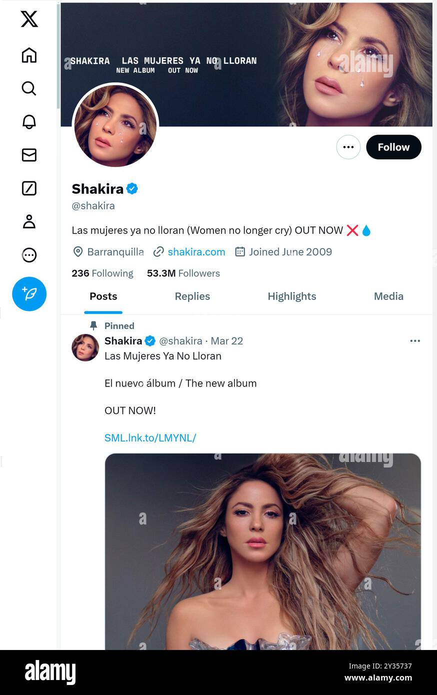 'X' - ehemals Twitter - Seite (September 2024) von Shakira, Sängerin Stockfoto