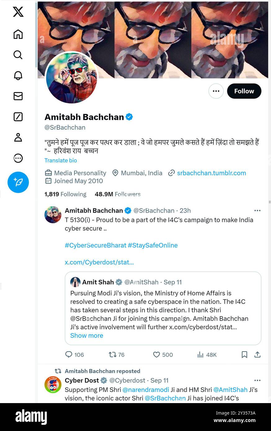 'X' - ehemals Twitter - Seite (September 2024) von Amitabh Bachchan, Schauspieler Stockfoto