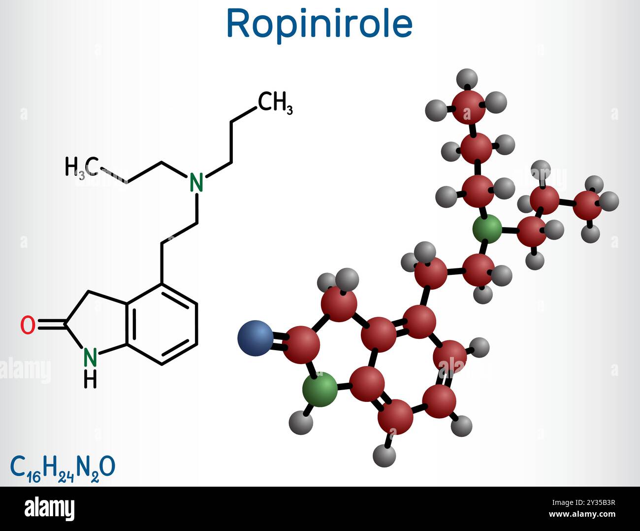 Ropinirol-Arzneimittelmolekül. Zur Behandlung der Symptome der Parkinson-Krankheit. Restless-Legs-Syndrom RLS. Strukturelle chemische Formel, Molekülmodell. Stock Vektor