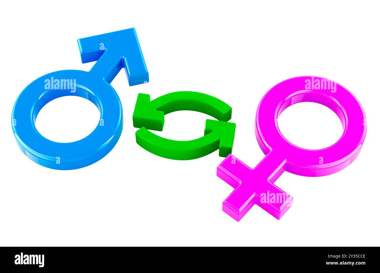 Geschlechterübergang, Konzept. 3D-Rendering isoliert auf weißem Hintergrund Stockfoto