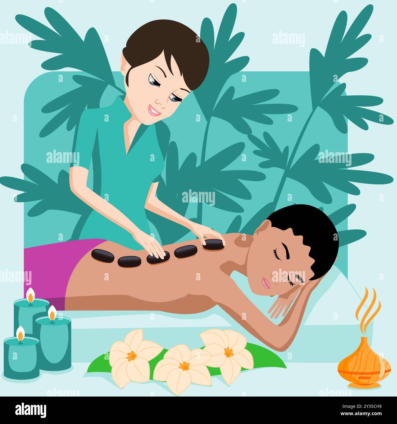 Hot Stone Massage. Therapie und Behandlung durch den professionellen Therapeuten im SPA. Abbildung isolierter flacher Vektor. Europäische und indische Ethnizität. Stock Vektor