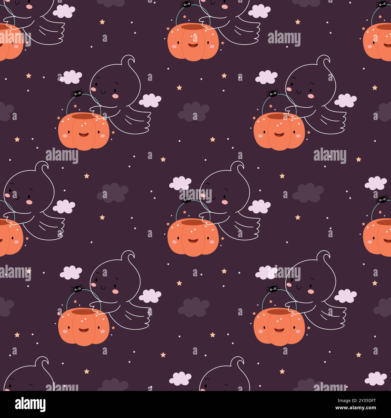 Muster von lustigen Geistern mit Kürbissen. Halloween-Konzept. Geschenkpapier Stock Vektor