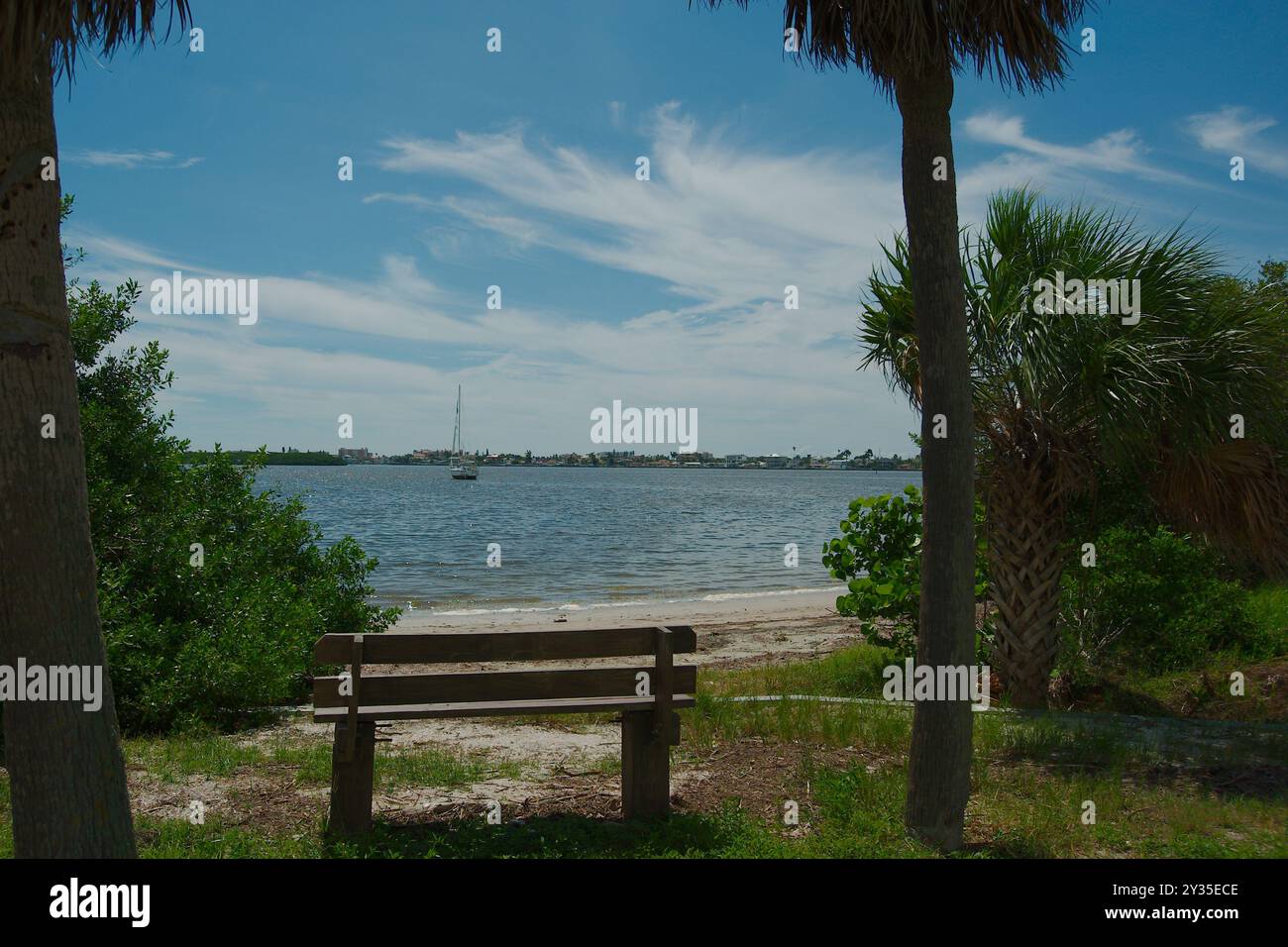 Weite Aussicht eingerahmt über eine Parkbank, Strand, Sand und grünen Baum an den Seiten zum Bucht-Wasser mit einem weißen Segelboot mit Bäumen und Gebäuden in der Ferne Stockfoto Weite Aussicht eingerahmt über eine Parkbank, Strand, Sand und grünen Baum an den Seiten zum Bucht-Wasser mit einem weißen Segelboot mit Bäumen und Gebäuden in der Ferne Stockfoto