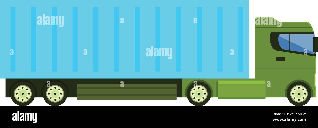 Grüner Lieferwagen, der Waren in einem blauen Container auf weißem Hintergrund transportiert Stock Vektor