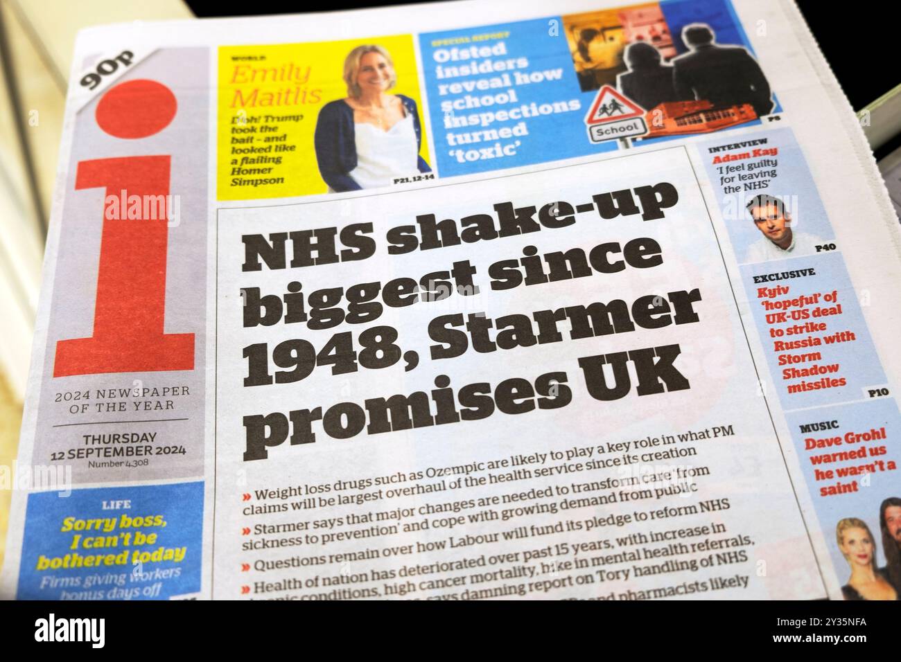 "NHS Shake-up Biggest since 1948, Starmer Promises UK" i Zeitung Schlagzeile Titelseite Darzi Investigation artikel 12 September 2024 London England UK Stockfoto