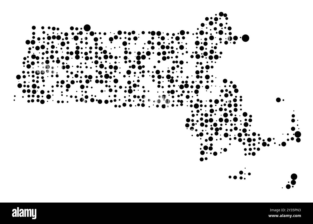 Symbolkarte des Bundesstaates Massachusetts (Vereinigte Staaten von Amerika), die den Bundesstaat mit einem Muster zufällig verteilter schwarzer Kreise verschiedener s zeigt Stock Vektor