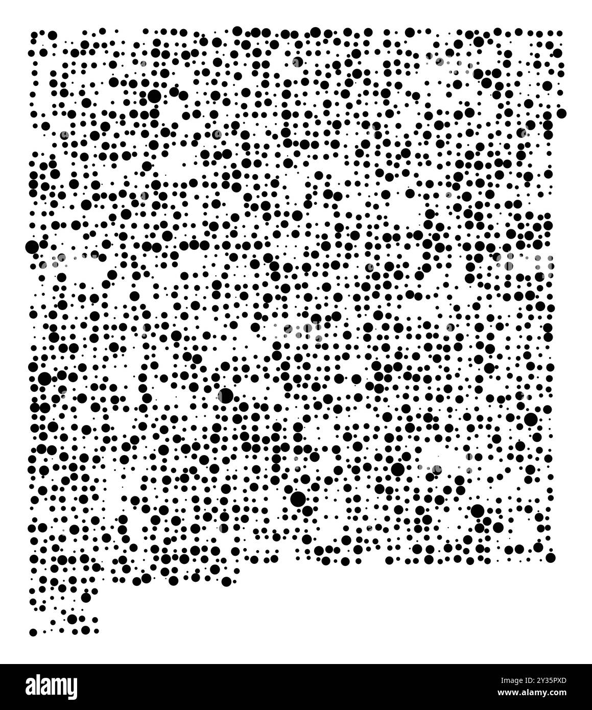 Symbolkarte des Bundesstaates New Mexico (Vereinigte Staaten von Amerika), die den Bundesstaat mit einem Muster zufällig verteilter schwarzer Kreise unterschiedlicher Größe zeigt Stock Vektor